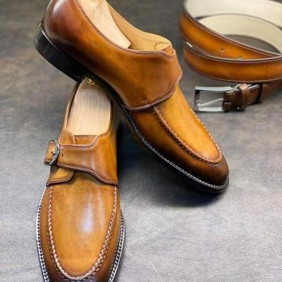 Handmade Men Tan Leather Monk Shoes, Premium Mustard Formal Shoes For Men