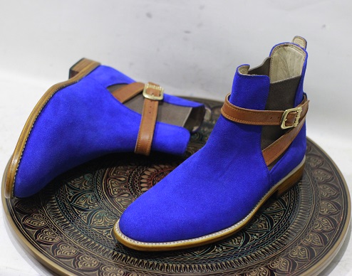 New Men's Handmade Blue Suede Leather Stylish Jodhpur Strap Ankle High Buckle Boots