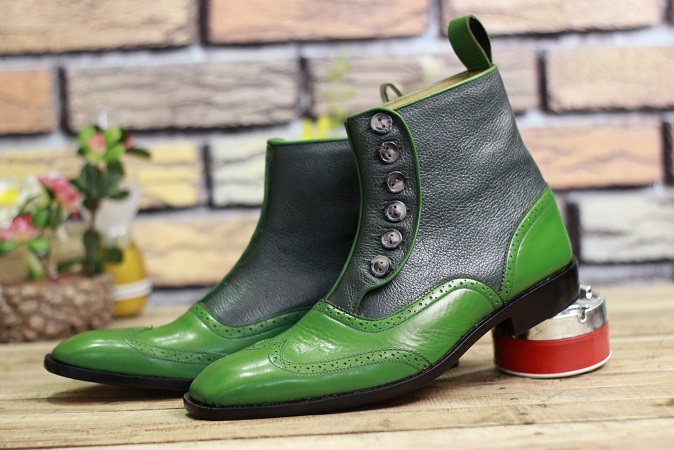 Men's Handmade Leather Boots Green Leather High Ankle Button Boots Men's Formal & Dress Wear Boots
