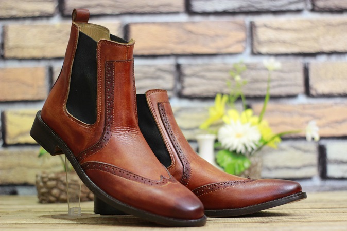 Men's New Handmade Brown Leather Stylish High Ankle Wing Tip Style Chelsea Dress & Casual Wear Boots