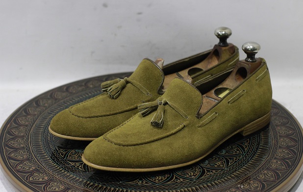 Men's Handmade Leather Shoes Olive Green Suede Leather Loafer Teasels Slip On Dress & Moccasin Shoes