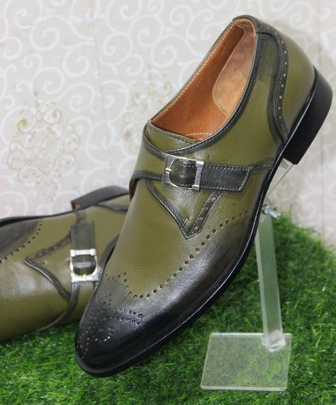 New Men's Handmade Formal Shoes Two Tone Green Leather Single Monk Wing Tip Style Dress & Casual Wear Shoes