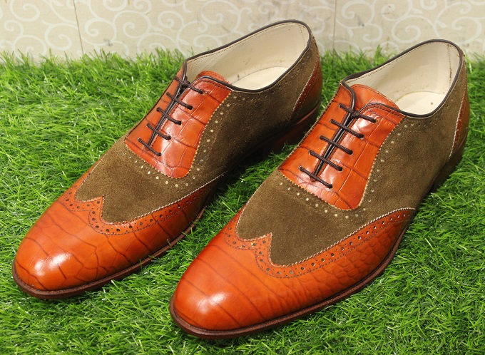 Mens New Handmade Formal Shoes Crocodile Tan Textured Leather & Brown Suede Full Upper Derby Oxford Brogue Lace Up Boots