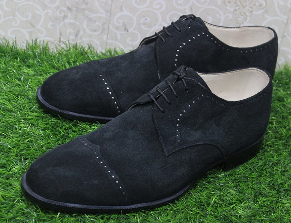 New Mens Handmade Formal Shoes Genuine Black Suede Toe Cap Lace Up Dress & Casual Wear Boot