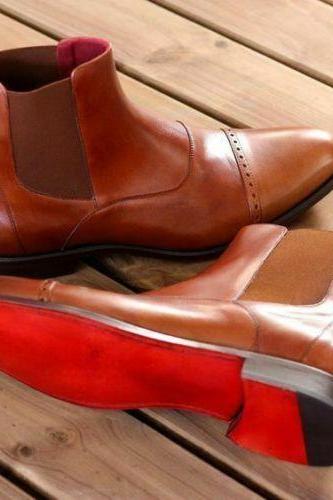 Men&amp;#039;s Handmade Genuine Brown Leather Toe Cap Jumper Oxford Dress Wingtip Boots