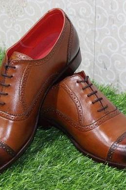 New Mens Handmade Formal Shoes Brown Leather Cap Toe Brogue Oxford Casual Boot
