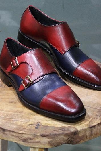 Mens Handmade Formal Shoes Two Tone Blue & Red Leather Double Monk Dress & Casual Boots