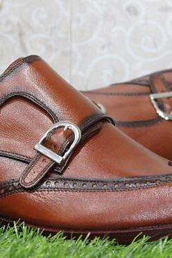 New mEn's Handmade Tan Brown Double Buckle Monk Shoes, Mens Wingtip dress & casual wear boot