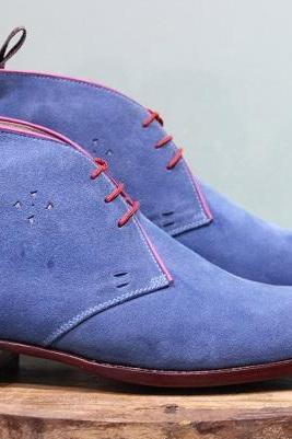 Mens New Handmade Formal Shoes Blue Suede Leather Lace up Chukka Boot