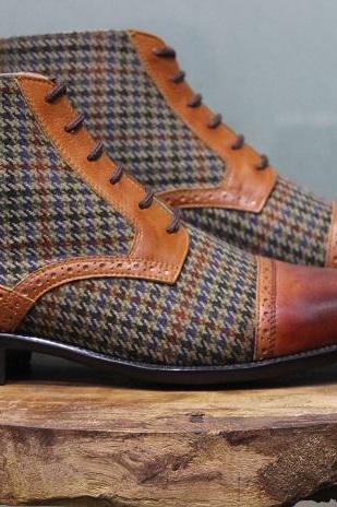 New Mens Handmade Stylish Formal Shoes Multi color Tweed & Brown Leather Lace up Chukka Boots