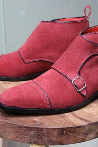 New Mens Handmade Stylish Formal Shoes Red Suede Leather Double Buckle Monk Boots