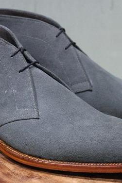 Mens New Handmade Formal Shoes Grey Suede Leather Lace up Chukka Ankle Boot
