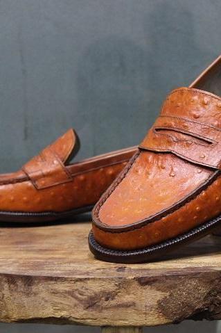 Mens New Formal Handmade Genuine Orange Ostrich Leather Loafers & Slip On Moccasin shoes