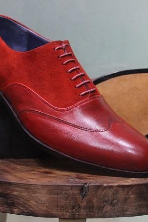 New Mens Handmade Formal Dress Shoes Red Suede & Leather Oxford Brogue Wing Tip Gentleman Trendy shoes