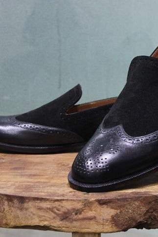 New Mens Formal Handmade Shoe Black Suede & Leather Loafers & Slip On Wedding Wear shoes