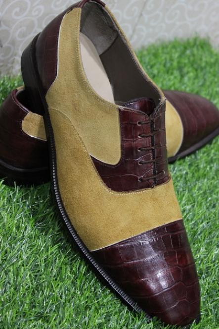 Mens New Handmade Formal Camel Suede Crocodile texture Leather Lace up Casual shoes