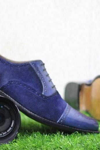 Mens Handmade Formal Shoes Wingtip Brogue Blue Suede & Leather Casual Dress Boots