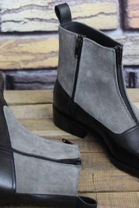 Men's New Handmade Black Leather & Grey Suede Ankle High Double Zipper Stylish Custom Made Boots