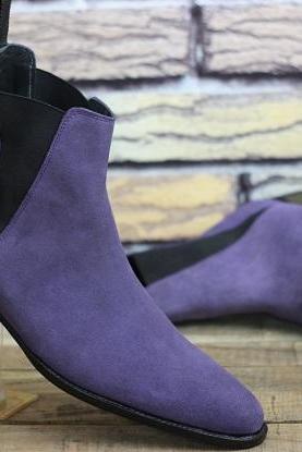Men's New Handmade Leather Ankle High Purple Suede Stylish Chelsea Dress & Formal Wear Boots