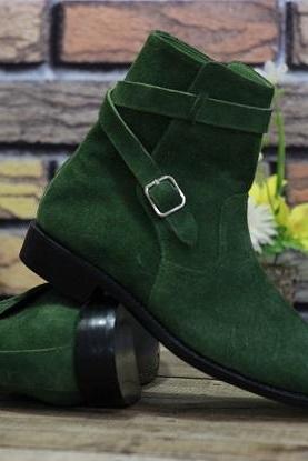 Men's Handmade Leather Shoes Green Suede Leather Buckle Stylish Jodhpurs Dress & Formal Wear Boots