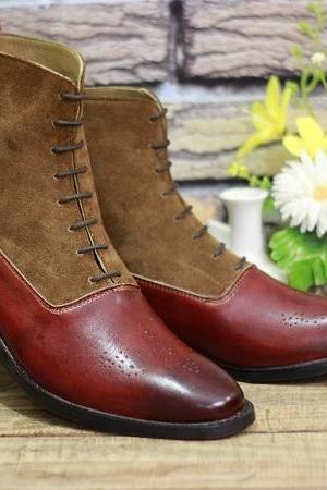Men's Handmade Leather Shoes Burgundy Brown Leather & Suede High Ankle Lace Up Style Dress & Formal Boots