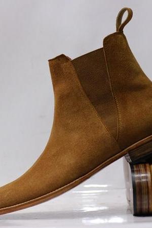 New Men's Handmade Camel Suede Leather Slip on Chelsea Style leather High Ankle Suede leather Dress & Formal Boots