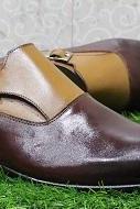 New Men's Handmade Stylish Shoes Single Monk Burgundy & Tan Leather Dress & Casual Wear Boots