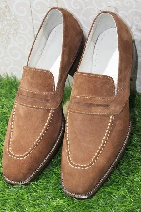 New Men's Formal Handmade Shoes Genuine Leather Brown Suede Loafers & Slip On Moccasin Boots