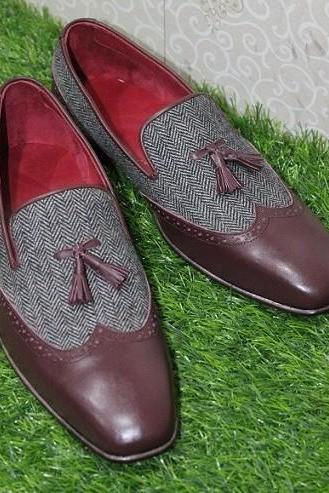 New Men's Handmade Shoes Formal Burgundy Leather & Grey Black Tweed Tassels Moccasin Boots