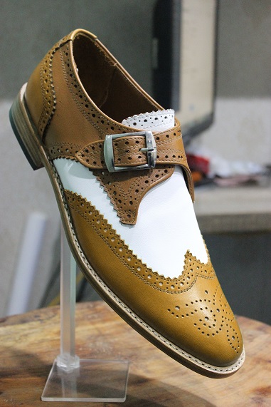 New Men's Handmade Formal Shoes Tan Brown & White Leather Single Monk Wing Tip Stylish Casual & Dress Wear Shoes