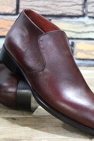 New Men's Handmade Stylish Shoes Burgundy Leather Plain Slip On Moccasin Formal & Dress Wear Boots