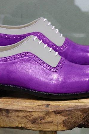 Mens New Handmade Shoes Two Tone Grey & Purple Leather Lace Up Formal Dress Casual Wear Boots