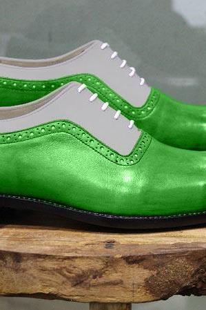 Mens New Handmade Shoes Two Tone Grey & Green Leather Lace Up Formal Dress Casual Wear Boots