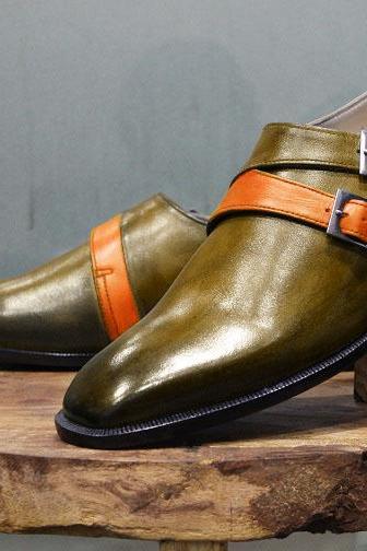 Men's New Handmade Formal Shoes Two Tone Brown Leather with Orange Strap Double Strap Casual & Dress Wear Boots