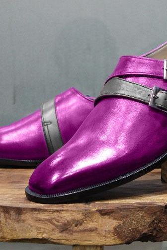Men's New Handmade Formal Shoes Two Tone Purple Leather with Grey Strap Double Strap Casual & Dress Wear Boots
