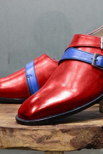 Men's New Handmade Formal Shoes Two Tone Red Leather with Blue Strap Double Strap Casual & Dress Wear Boots