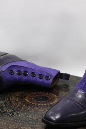 Men's New Handmade Leather Shoes Purple Leather & Suede Ankle High Stylish Button Boots