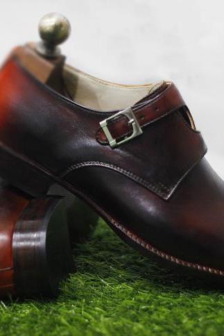 New Handmade Men's Shoes Brown Shaded Leather Stylish Double Buckle Dress & Formal Wear Shoes