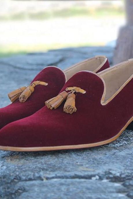 New Men's Maroon Velvet Handmade Tassels Leather Loafer Slip On Shoes