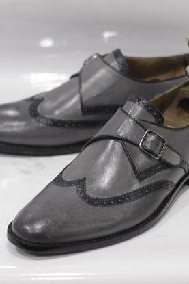 New Handmade Men's Grey Leather Single Buckle Monk Style Dress & Casual Wear Shoes