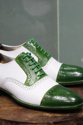 Men's Handmade Leather Shoes White & Green Leather Lace Up Cap Toe Style Dress & Casual Wear Shoes