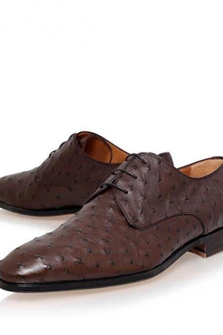 New Handmade Dark Brown Ostrich Textured Leather Stylish Lace Up Dress & Casual Wear Shoes for Men's