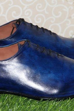 New Mens Bespoke Formal Shoes Handmade Blue Shaded Leather Lace Up Moccasins Dress & Casual Wear Boots