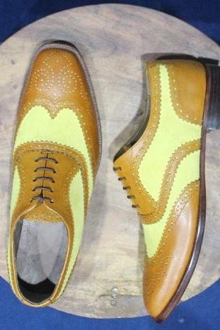 New Mens Handmade Formal Shoes Tan Leather & Yellow Suede Wingtip Style Two Tone Lace Up Casual & Dress Wear Boots