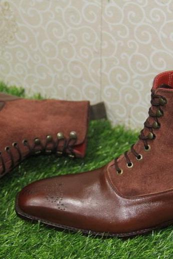 New Mens Handmade Stylish Formal Boot, Brown Suede & Burgundy Leather Casual Wear Ankle High Lace Up Boots