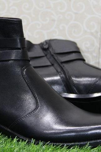 Mens New Handmade Formal Shoes Black Leather Jodhpurs Side Zipper Style Double Buckle High Ankle Boots