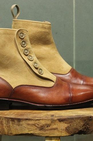 New Mens Handmade Stylish Formal Shoes, Beige Suede & Tan Brown Leather Casual Wear Ankle High Button Boots