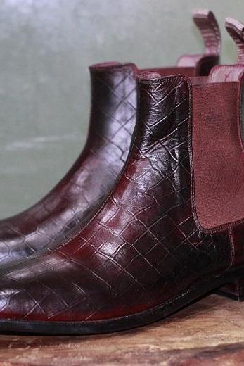 New Men's Handmade Leather Shoes Brown Crocodile Textured Leather High Ankle Stylish Chelsea Dress & Formal Wear Boots