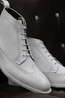 Men's Custom Made White Color Leather Long Lace up High Ankle Dress & Formal Wear Boots