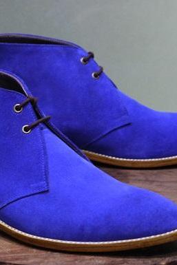New Men's Handmade Formal Shoes Blue Suede Leather Lace Up Stylish Chukka Dress & Casual Wear Boots